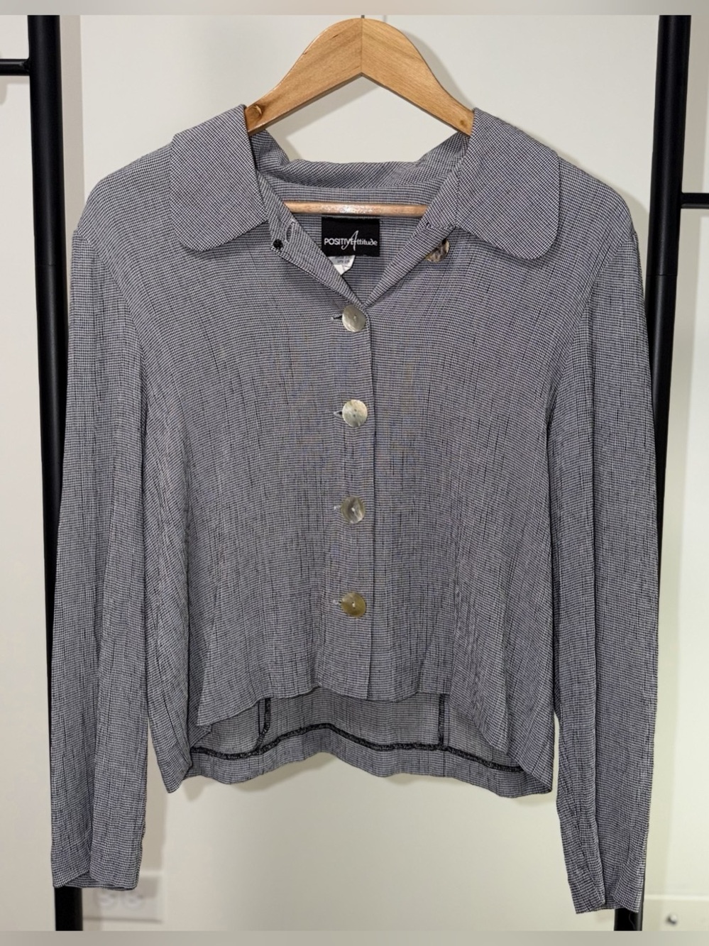 Vintage Positive Attitude Houndstooth Blouse Jacket Gray Black Cropped Size 10